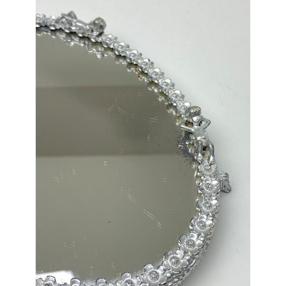 Vtg Sam Fink Vanity Tray Mirror Silver Tone Oval Cherubs Flowers Harp Feet CO126 - Picture 7 of 10